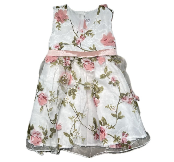 Printed Organza Over Cotton Waisted Dress W/Taffeta Tie Back Sash