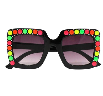 Half Crystalized Square Sunglasses Black/Multi Neon