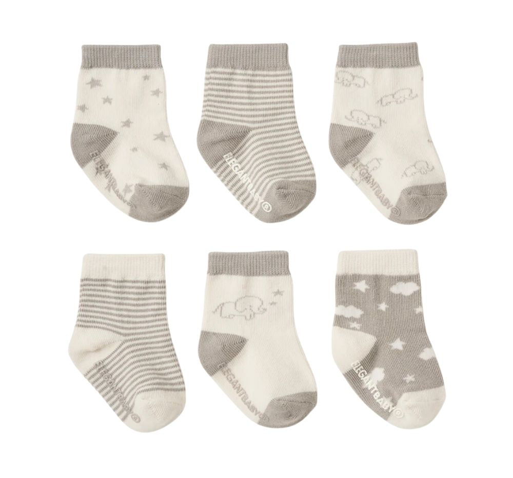 Socks 6Pk Elephant Grey 0-12M