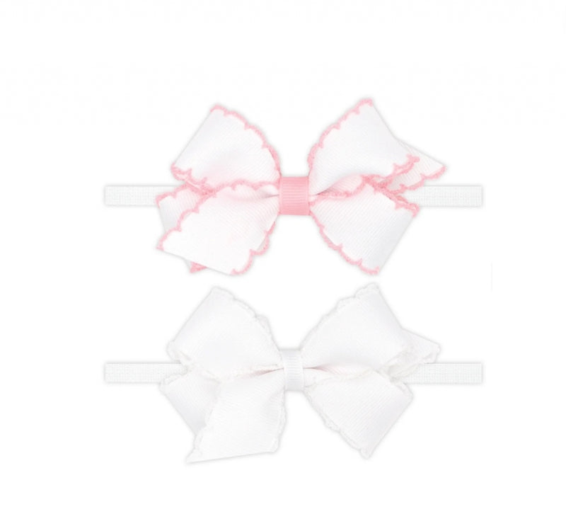 2Pk Moonstitch Bows W/Nyl Band White Light Pink/White