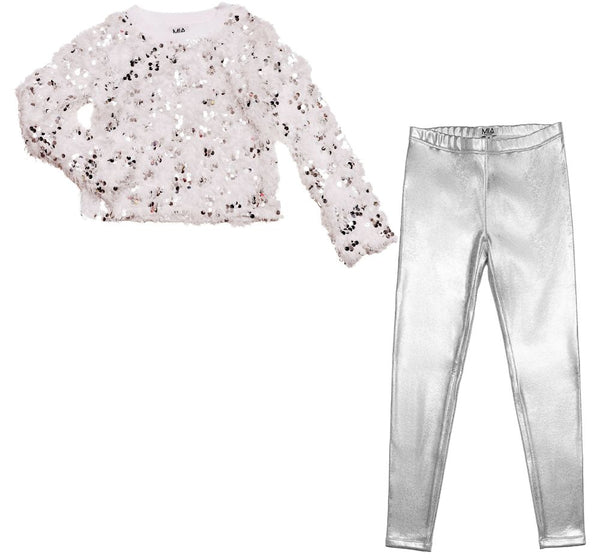 Suéter Textura Blanco Y Leggings Glitter Plateados