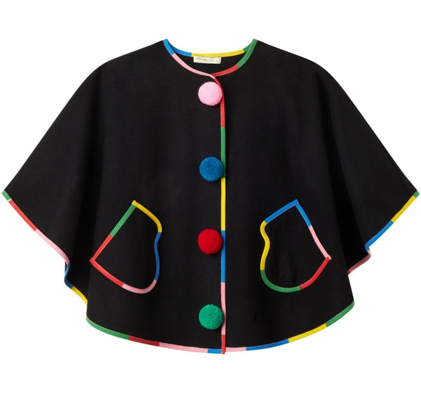 Girl Velour Festive Cape With Pompom Details Black