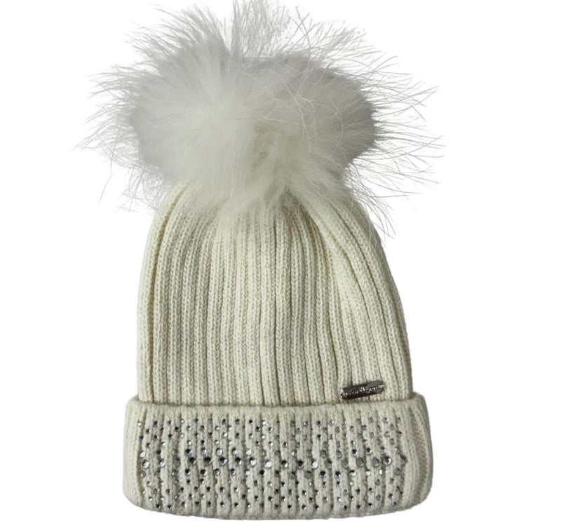 Gorro Crystal Cuff  Pom Pom Ivory 0-12M