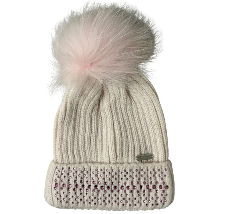 Gorro Crystal Cuff  Pom Pom Rosa 0-12M