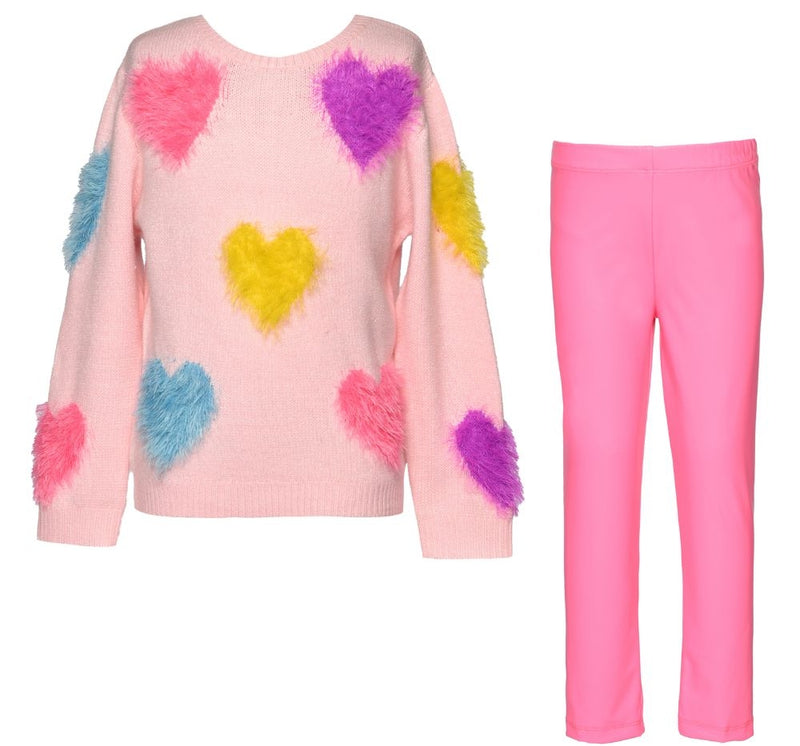 Suéter Fuzzy Heart Y Leggings Piel Sintética Rosa