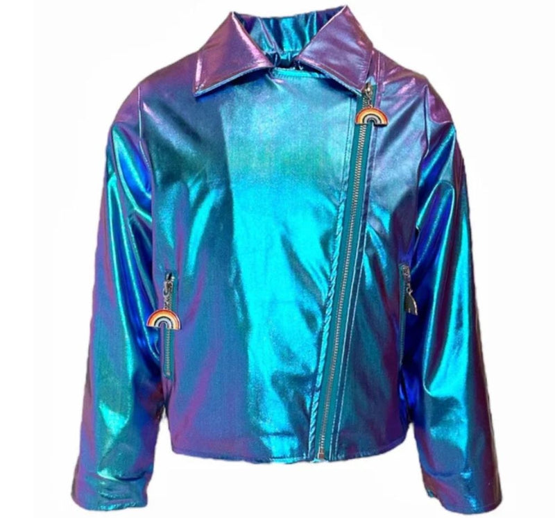 Metallic Rainbow Silver Moto Jacket Blue