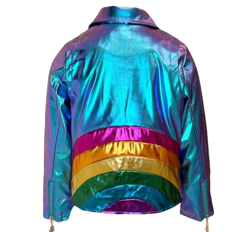 Metallic Rainbow Silver Moto Jacket Blue