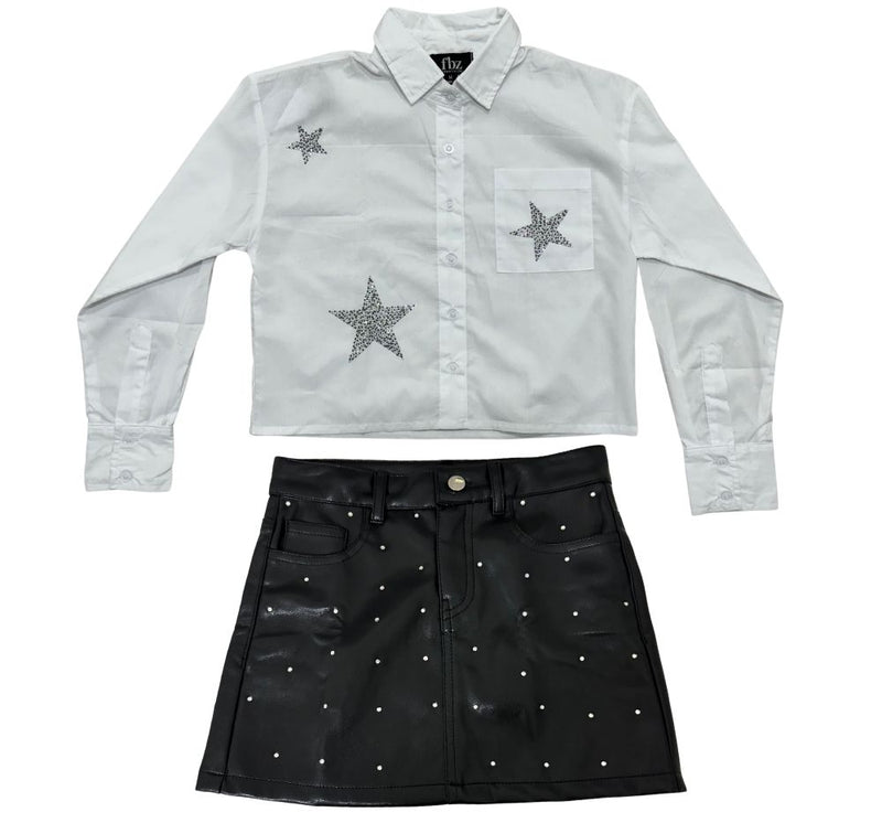 Top White Poplin & Skirt Black Pleather