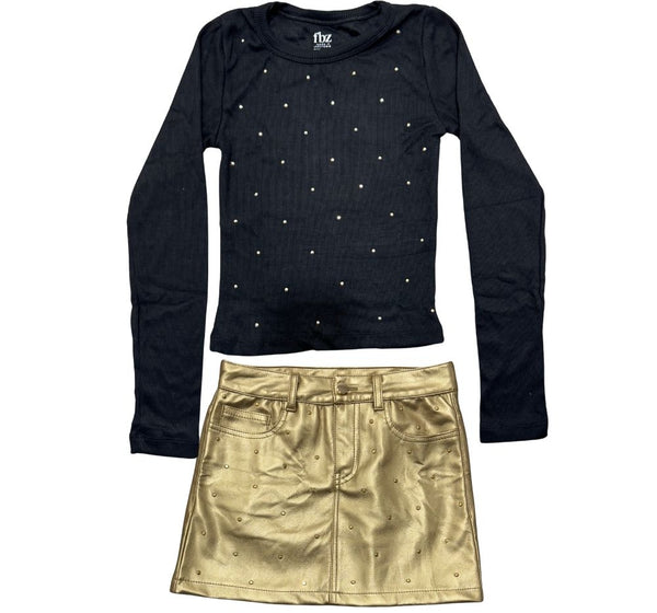 Top Black & Skirt Gold Pleather