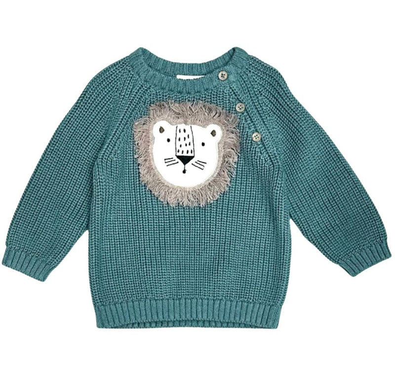 Lion Applique Baby Pullover Sweater Knit Teal Blue