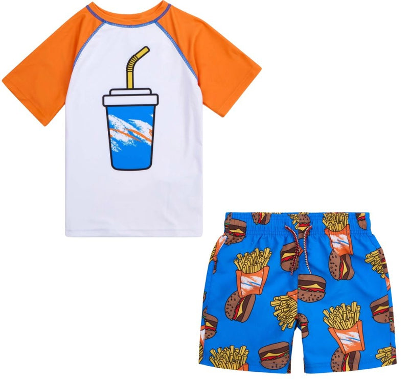 Rash Guard Orange & Swim Trunks Burgers & Fries