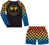 Long Sleeve Rash Guard & Mid Length Swim Trunks Checkerboard