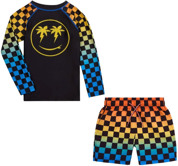 Long Sleeve Rash Guard & Mid Length Swim Trunks Checkerboard