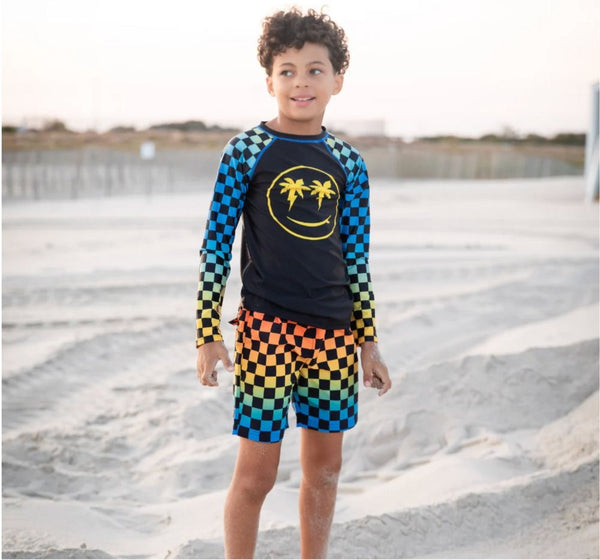 Long Sleeve Rash Guard & Mid Length Swim Trunks Checkerboard