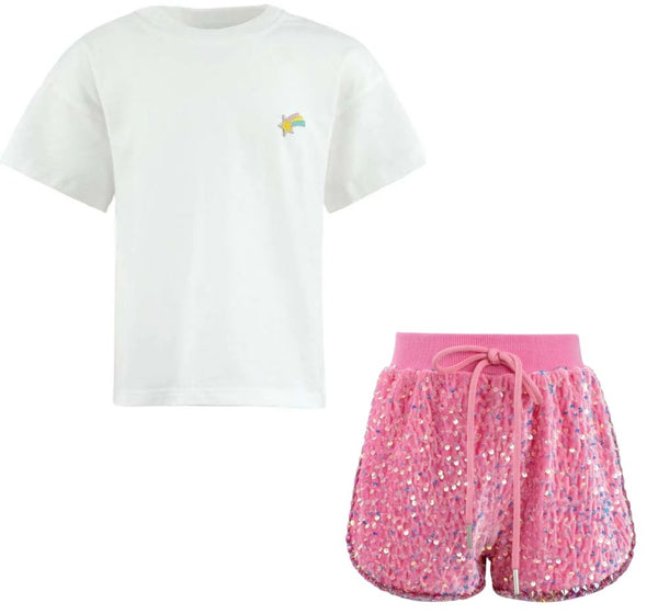 Crystal Shooting Star Tshirt White & Pretty In Pink Sequin Shorts