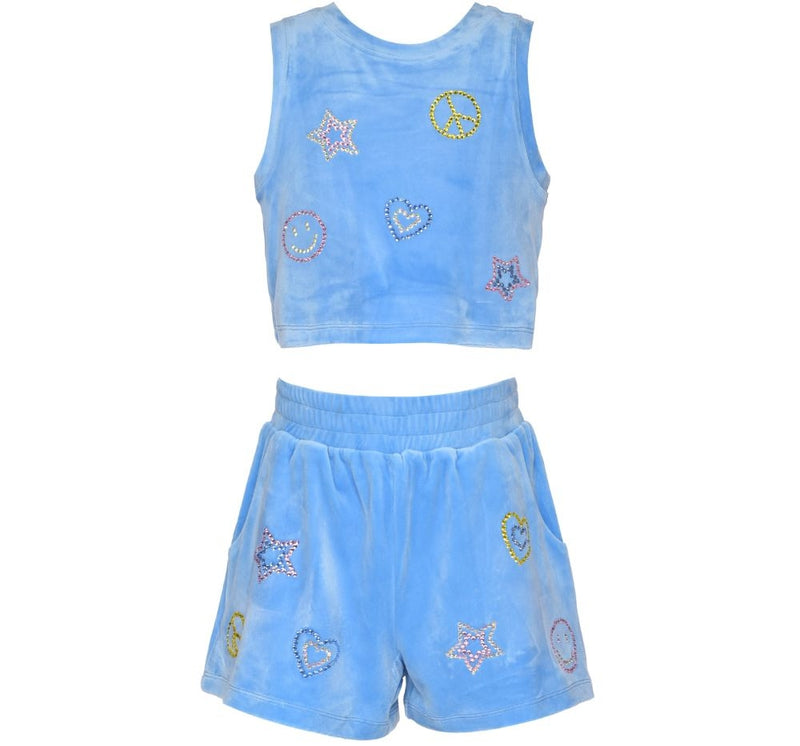 Conjunto Blusa Y Shorts Terciopelo W/Rhinestone Emojis