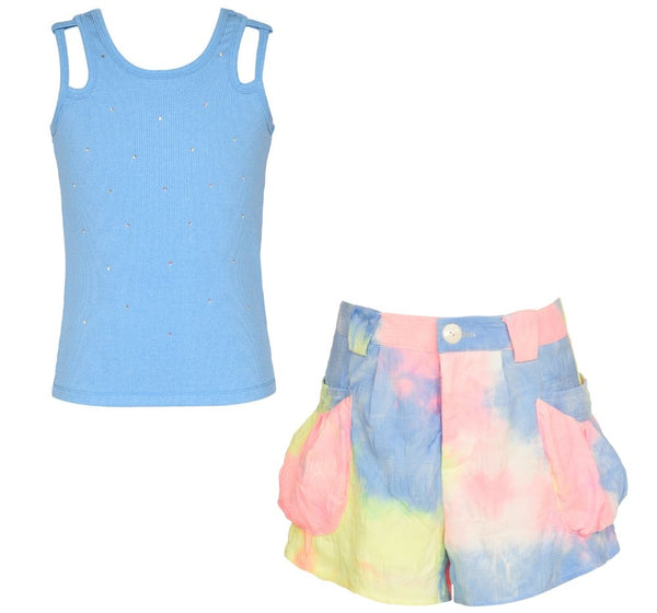 Blusa Azul Rhinestones Y Shorts Bolsas Tye Dye