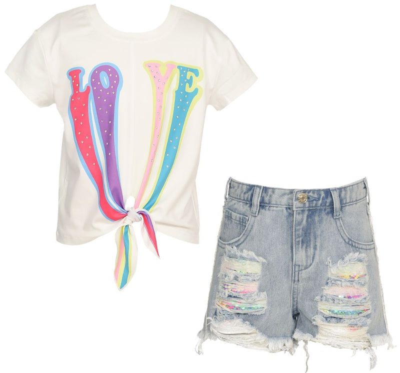 Blusa Love Y Shorts Mezclilla Sequin Distress