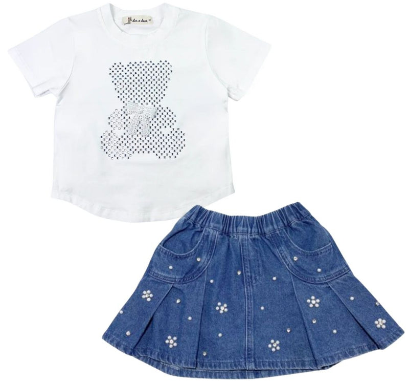Teddy Stone Tee & Pearl Embellished Denim Skirt