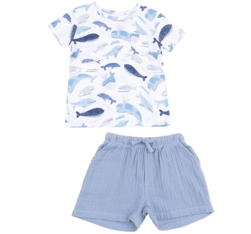 Blue Whales Crew Neck Tee And Muslin Short