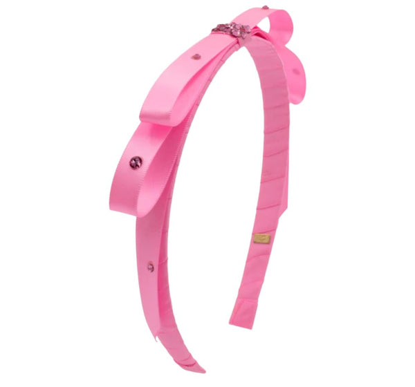 Crystallized Thin Satin Wrap Bow Thin Headband Pink