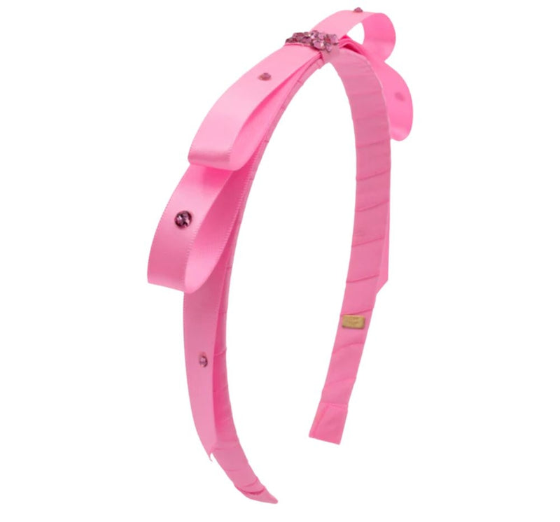 Crystallized Thin Satin Wrap Bow Thin Headband Pink