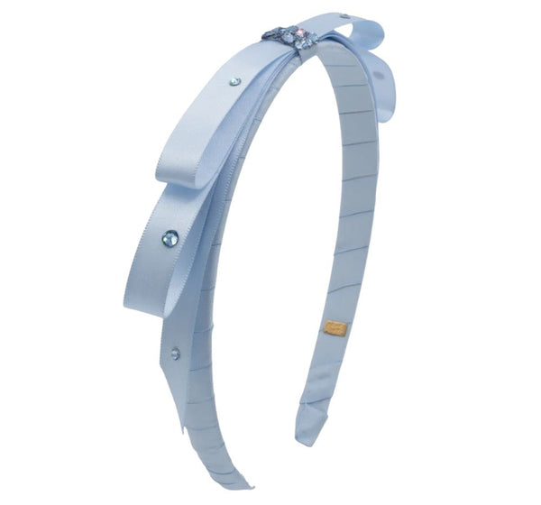 Crystallized Thin Satin Wrap Bow Thin Headband Blue