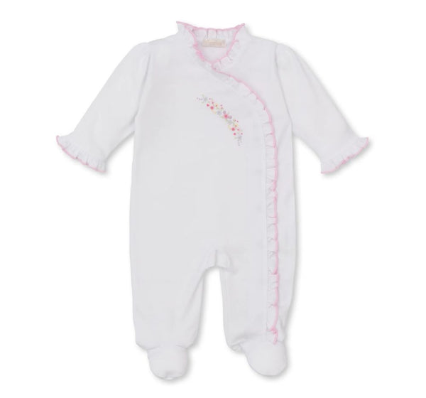 White/Pink Footie W/ Hand Emb Flowers & Vines