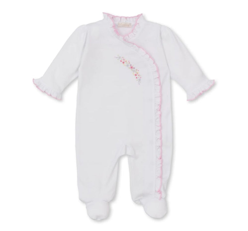 White/Pink Footie W/ Hand Emb Flowers & Vines