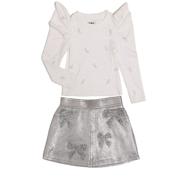 Blusa Manga Abullonada Y Skort Plateado Detalles Moño