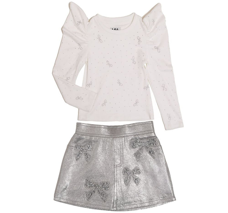 Blusa Manga Abullonada Y Skort Plateado Detalles Moño