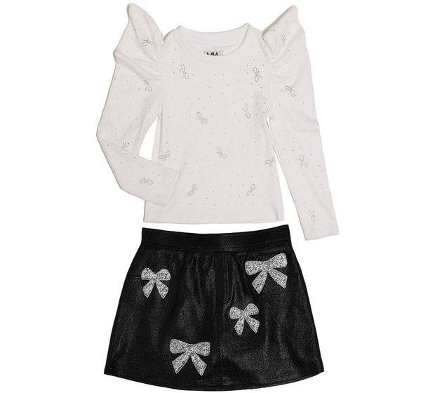 Blusa Manga Abullonada Y Skort Negro Detalles Moño