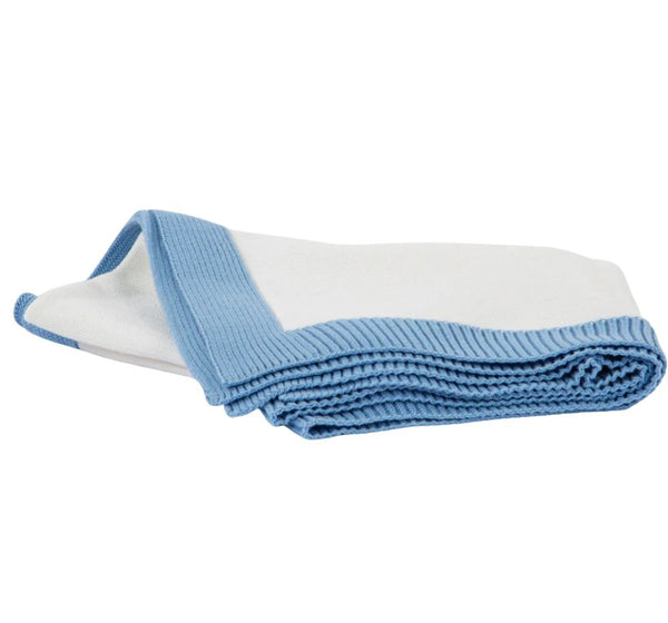 Jersey Knit Blanket with Contrast Rib Border Blue/Cream