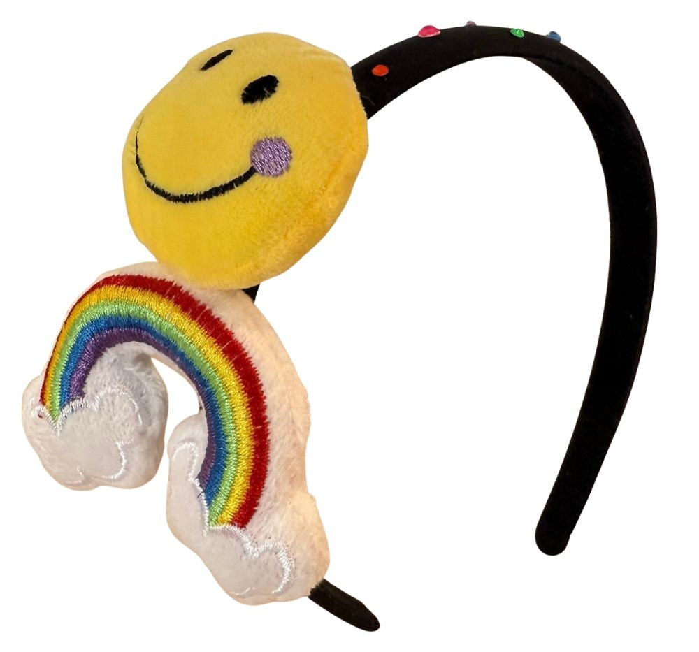 Plush Crystallized Thin Headband Black W/Happy Face & Rainbow