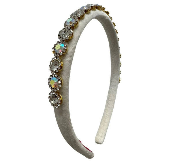 Diadema Thin Velvet Round Jewel Ivory