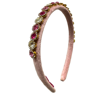 Diadema Thin Velvet Round Jewel Pink