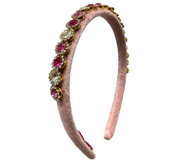 Diadema Thin Velvet Round Jewel Pink