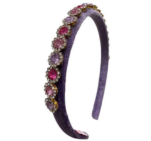 Diadema Thin Velvet Round Jewel Purple