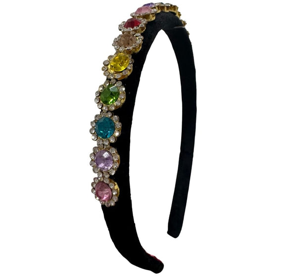 Diadema Thin Velvet Round Jewel Black