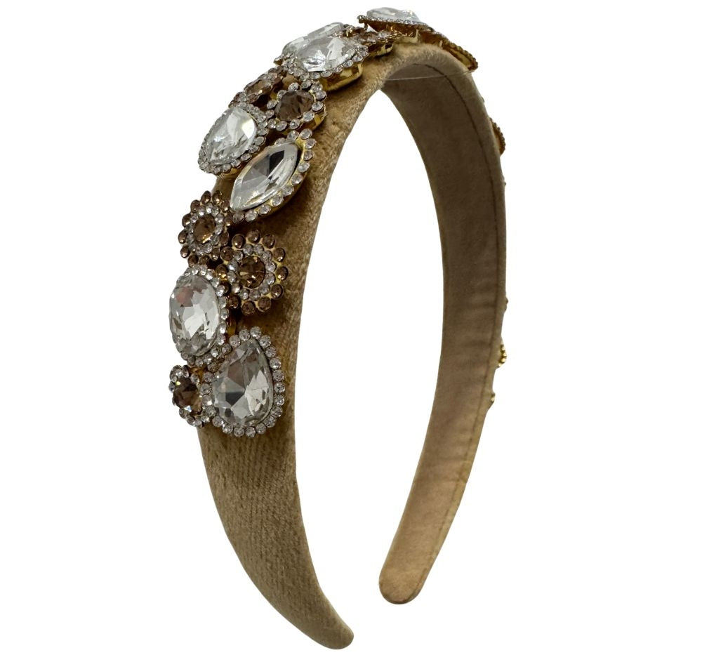 Full Jeweled Velvet Headband Camel
