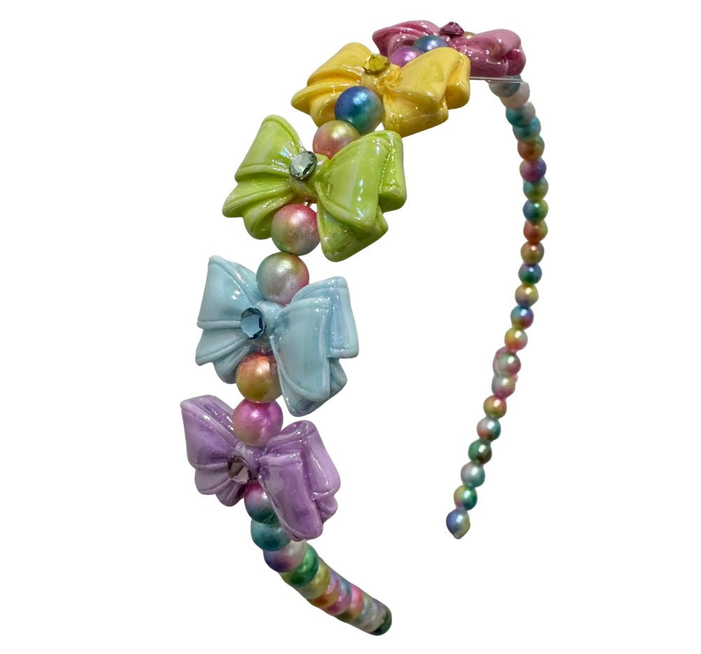 Five Bow On Thin Pearl Headband Rainbow