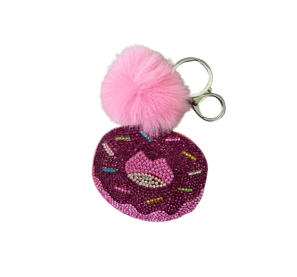 Crystallized Donut Emoji Pom Pink With Fur keychain