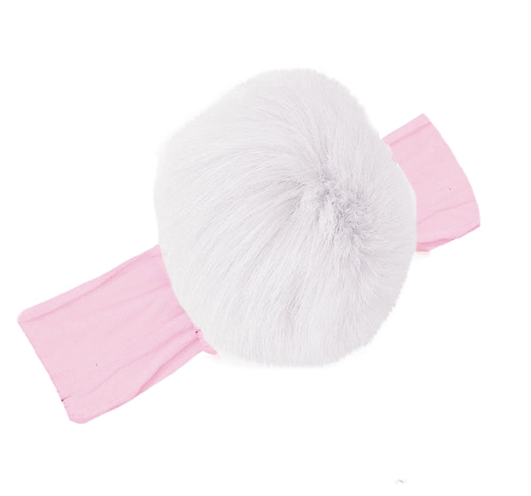 Diadema elástica rosa con pompón blanco -Bari Lynn