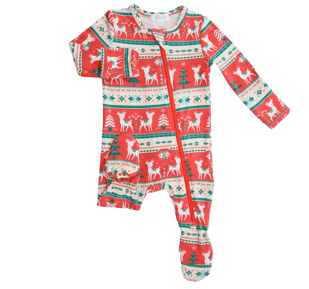 Vintage Deer Fair Isle Zipper Footie Red
