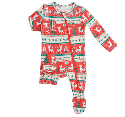 Vintage Deer Fair Isle Zipper Footie Red