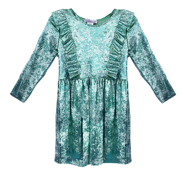 Vestido de terciopelo menta de manga larga con volantes -Halabaloo