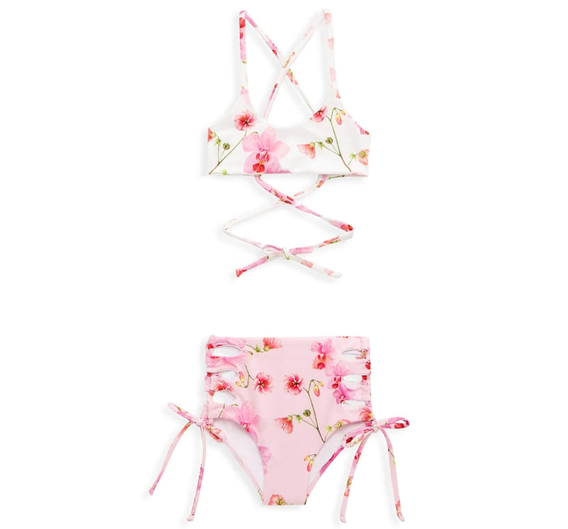 Bikini de cintura alta rosa de flores orquídeas -Submarine