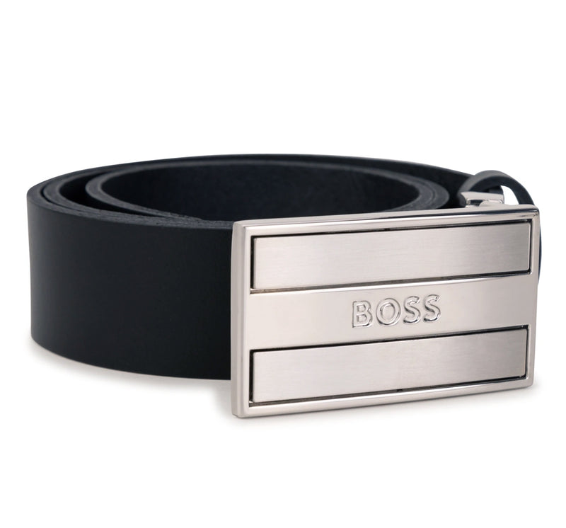 Cinturón negro de cuero con logo plateado -Hugo Boss