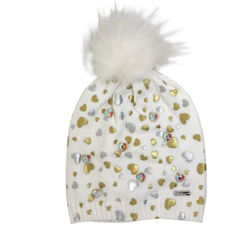 Jeweled Shimmer Heart Hat White