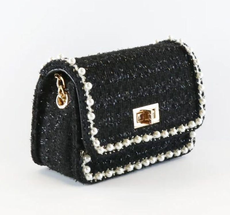 Bolsa Tweed Negra Con Perlas